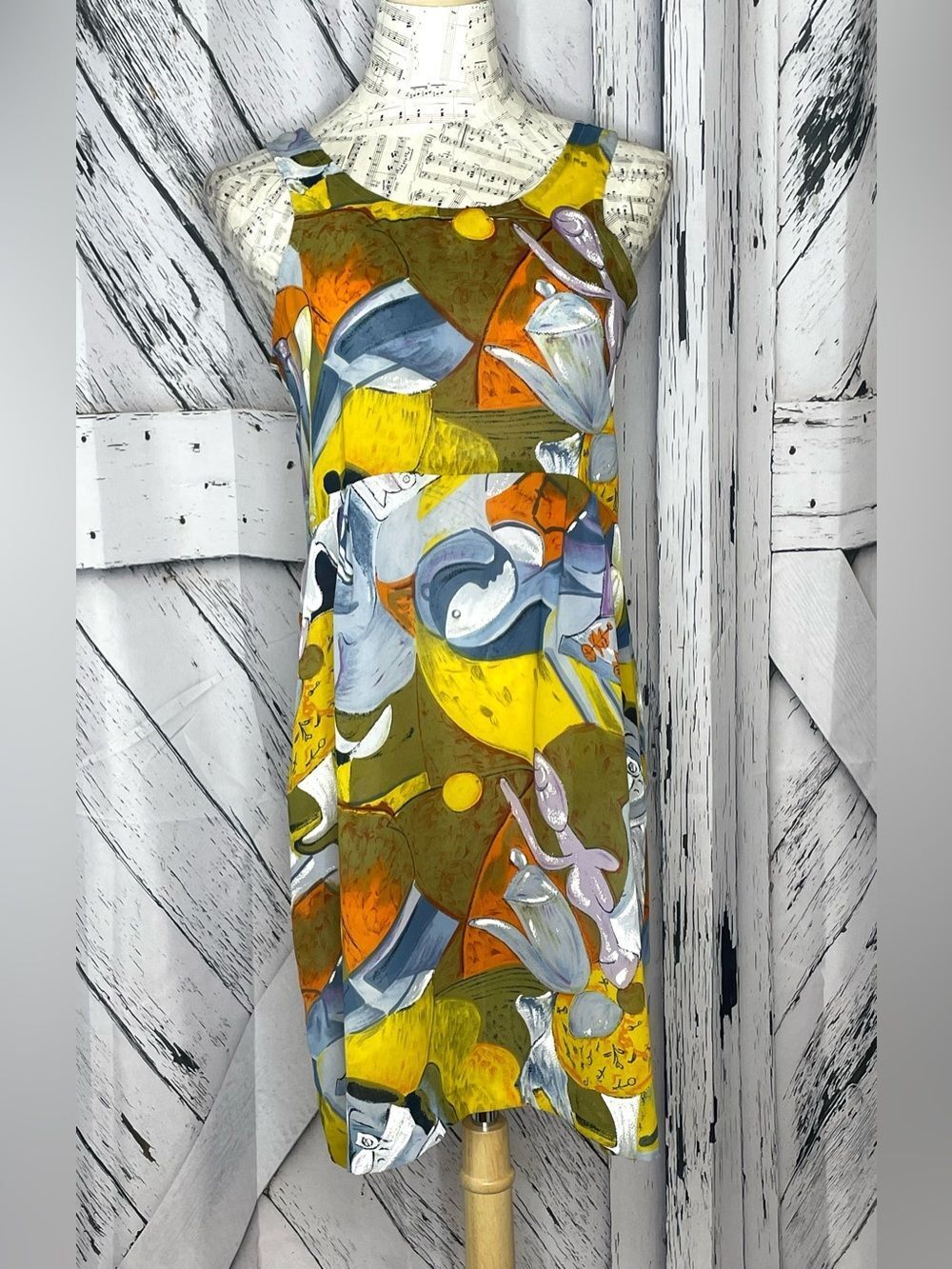 VINTAGE Street Life Sleeveless Dress Abstract Print- Made in USA - Small